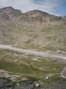 Strasse die durch Feuchtgebiet mit vereinzeltem Wollgras 